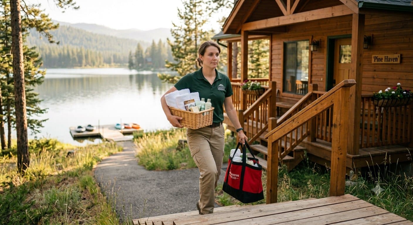 A FieldStay crew member carrying fresh supplies up to a lakeside cabin