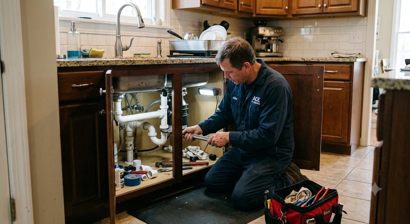 A vendor technician repairing a kitchen sink at a FieldStay property